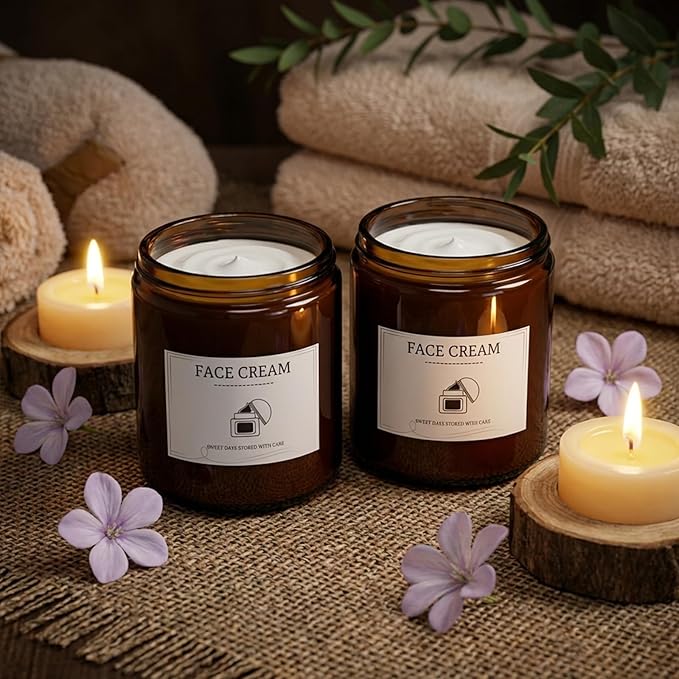 30 Pack 8 oz Candle Jars with Lids, Amber Glass Candle Containers with Black Metal Lids, Empty Round Glass Jars with 36 Custom Labels for Candles, Creams, Essential Oils & Clay Masks