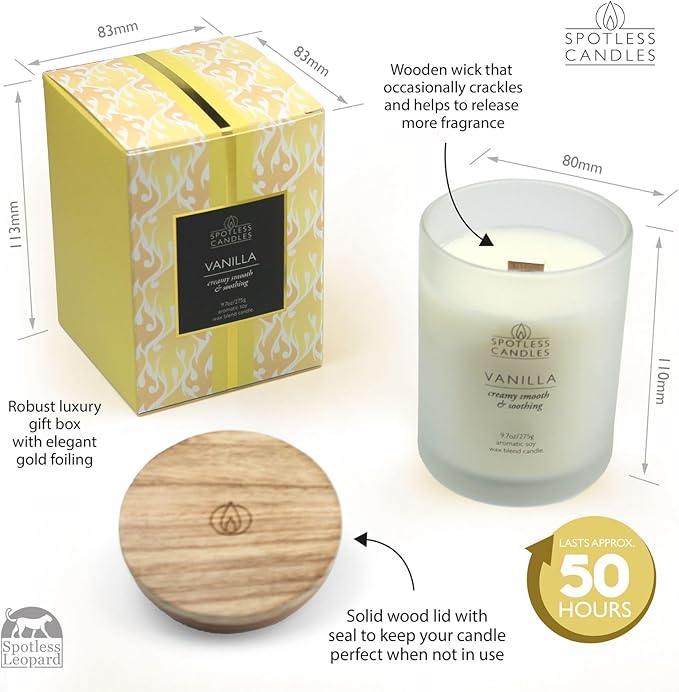 Vanilla Candle 9.7 oz: 55 Hrs Burn Time - Vanilla Scented Candles in Frosted Glass Jar with Wooden Crackling Wick in a Luxurious Gold Foil Lined Gift Box