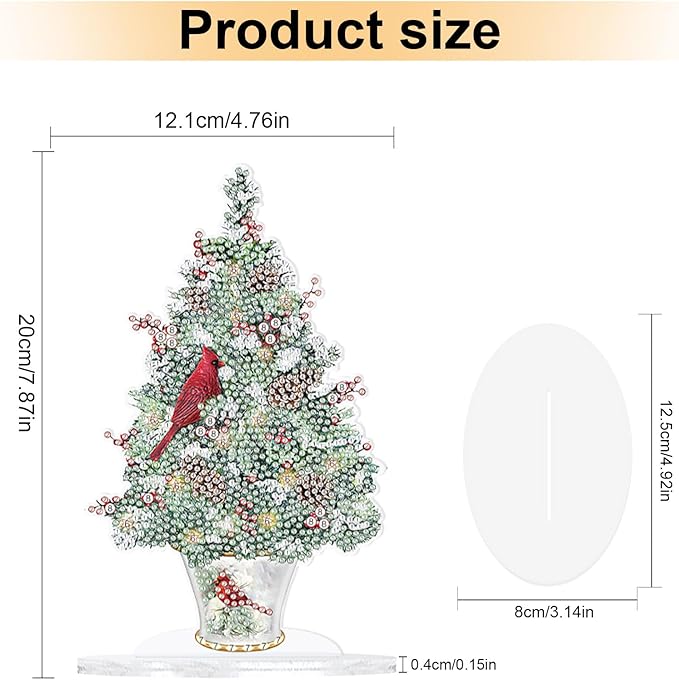DIY Diamond Painting Tabletop Ornament Kit, Acrylic Diamond Art Desktop Ornaments Christmas Tree with Cardinals, Special Shaped Crystal Diamond Painting Table Top Home Office Christmas Decor