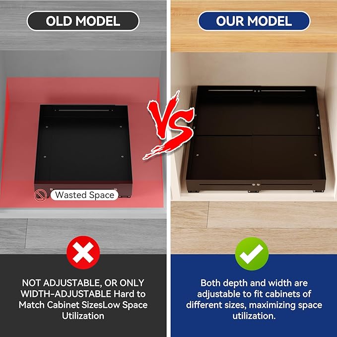Pull out Cabinet Organizer, Full Metal Expandable Width (14.8"-20.8") & Depth (12.4"-17.7") Adjustable Slide out Drawers, No Drill Adhesive Roll out Shelves for Kitchen Pantry, Black