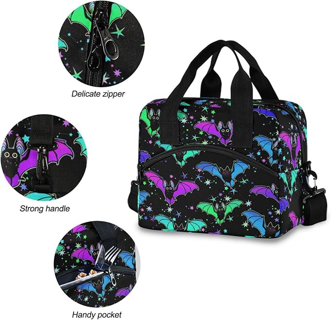 CBBYY Psychedelic Bat Lunch Bags for Women Men, Reusable Insulated Lunch Box, Adjustable Shoulder Straps Tote Lunch Bag for Work Picnic School