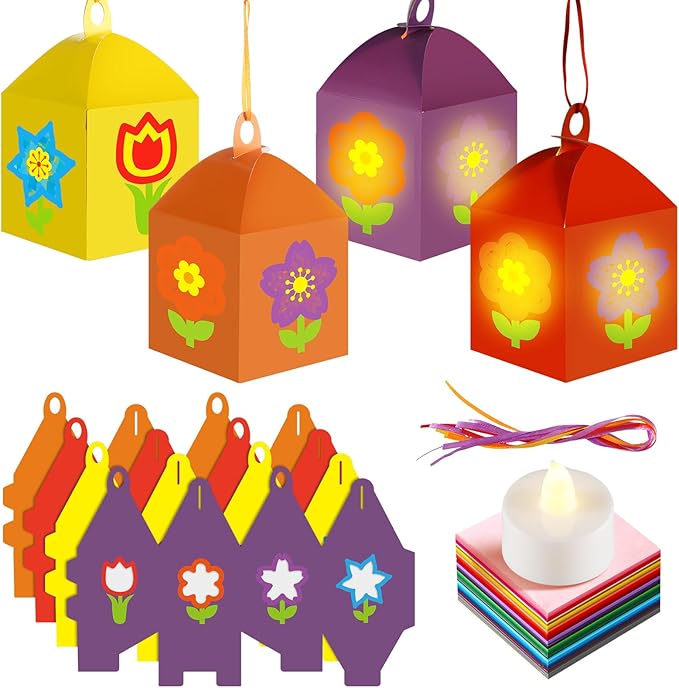 Simgoing 12 Sets Spring Flower Crafts with LED Lights DIY Mother's Day Crafts Lanterns Kits Colorful Flower Tissue Paper Suncatchers for Mother's Day Window Home Decor Spring Summer Activities