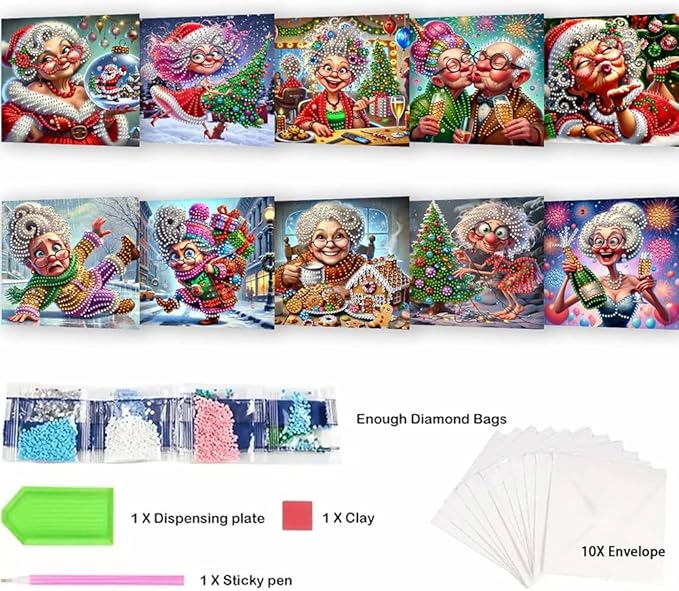 Christmas Greeting Cards Diamond Painting Kit 10PCS DIY Holiday Rhinestone Art Handmade Cards Set for Home Wall Decor and Office Display
