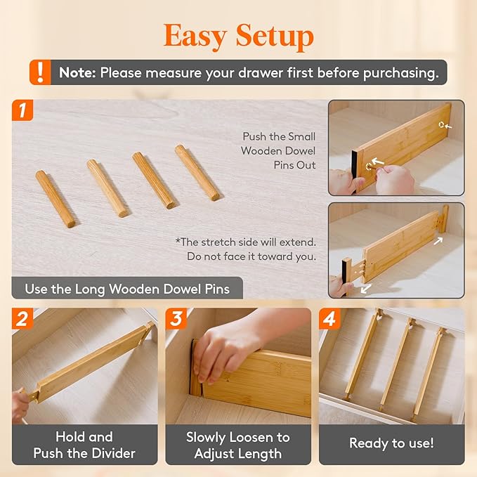 Lifewit 4" High 4 Pack Bamboo Drawer Dividers 43-54cm/17-21.5" Adjustable Wooden Drawer Organizer for Clothes/Utensils, Expandable Drawer Separator for Dresser/Kitchen/Bedroom/Office Organization