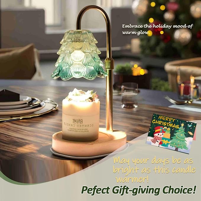 Chritsmas Tree Lampshape Candle Warmer Lamp with Adjustable Height, Aroma Candle Warmer with Timer and Dimmer, Wooden Base Glass Wax Warming Lamp, Women's Gifts (Tree Green)