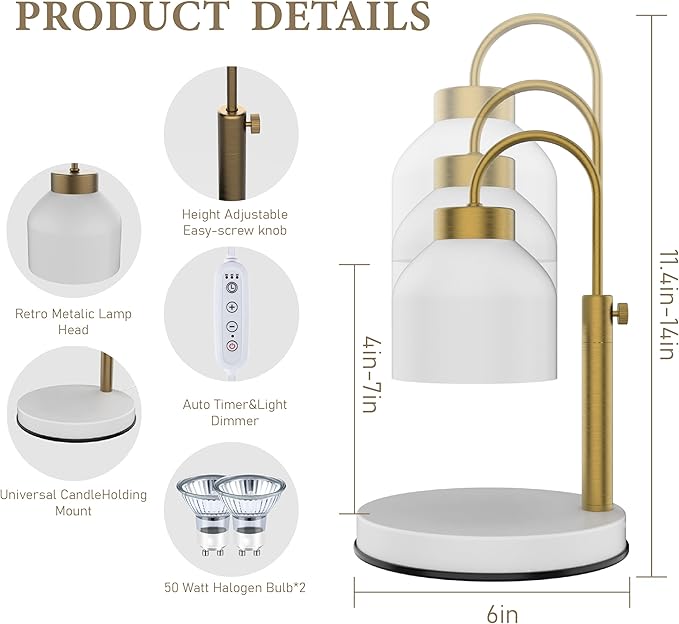 AIKUT Candle Warmer Lamp, with 2 Bulbs,Timer & Dimmer,Compatible with Large Yankee Candle Jars,3 Wick Candles,Height Adjustable Electric Top Candle Melter,White,110-120v
