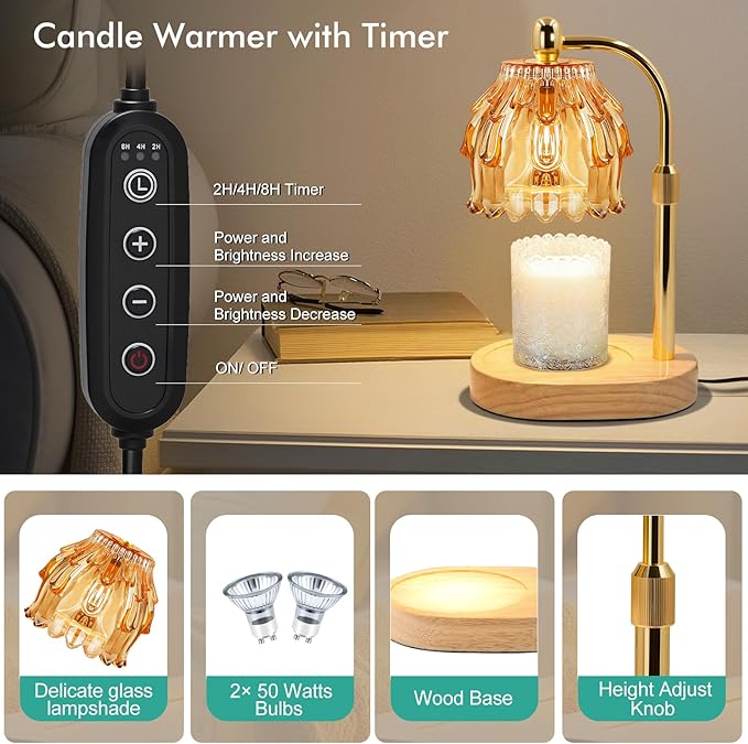 Candle Warmer Lamp with Timer - Electric Wax Melt Warmer with Adjustable Height and Dimmer for Scented Candle Wax, Home Fragrance Décor and House Warming Birthday Gifts for Women Mom