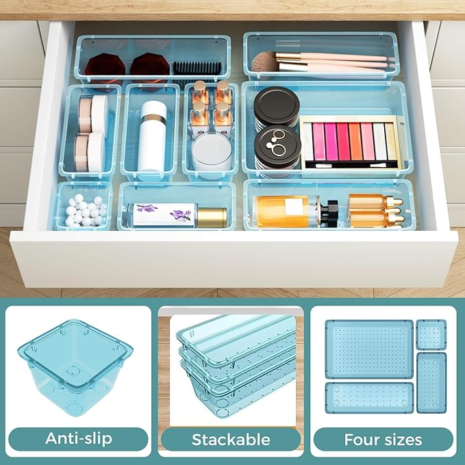 WOWBOX 44 PCS Clear Plastic Drawer Organizer Set, 6 Varied Size storage Bins and Desk Drawer Organizer Trays for Makeup, Gadgets, Jewelry and Utensils in Bathroom, Bedroom and Office, Clear Sea Blue