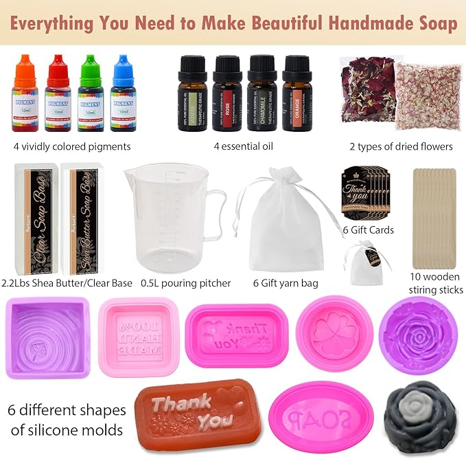 Soap Making Kit for Adults & Kids, Melt and Pour Soap Making Supplies with Shea Butter & Clear Base, 6 Silicone Molds, Colors, Fragrances, Dried Flowers & Gift Bags – DIY Soap Craft Kit for Beginners