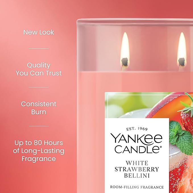 Yankee Candle Large Tumbler Scented Candle with up to 80 Hour Burn Time, Premium Plant Wax Blend for Consistent Burn, 20 oz Tumbler Candle with Room Filling Fragrance, White Strawberry Bellini