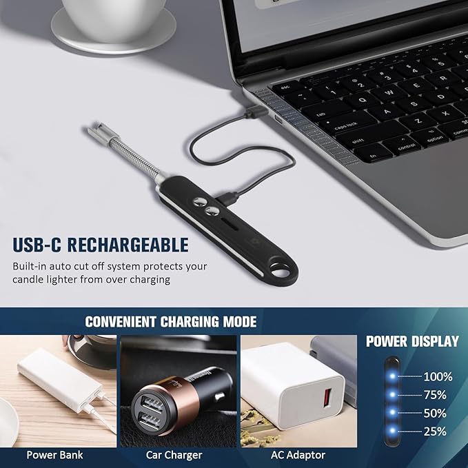Lighters for Candle,Flameless Plasma Arc Electric Lighter USB C Rechargeable, Long Flexible Neck with Safety Switch for Birthday, Fireplace, Stocking Stuffers Gifts (Black)