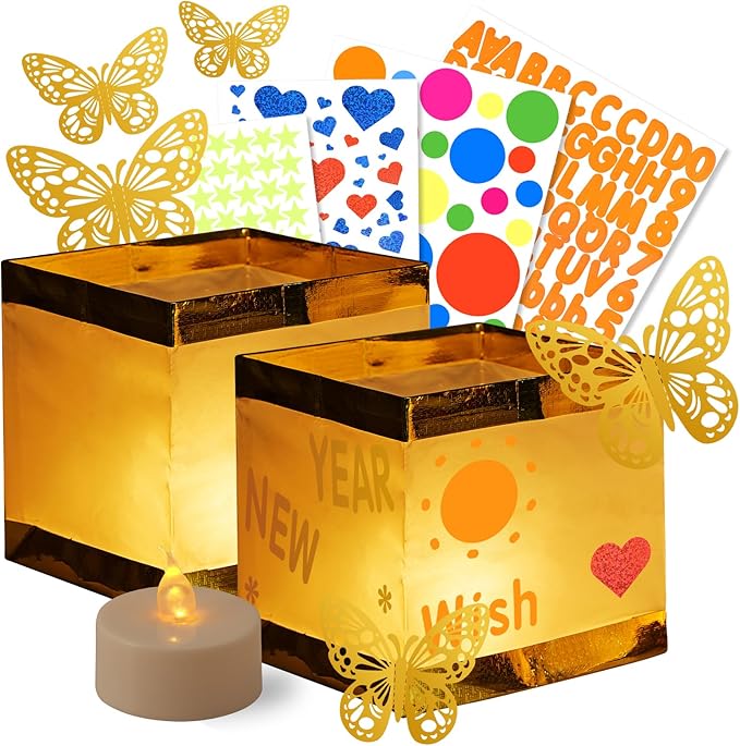 12PCS Gold+White LED Outdoor Floating Candle Lantern Kit - DIY Tangled Paper Lantern Pattern, Waterproof Wishing Lanterns for Garden, Patio, Hallowee & Christmas,Wedding Pool Decoratio