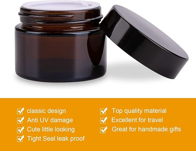 Encheng 15 Pack of 2 oz Amber Round Glass Jars,with Inner Liners and Black Lids,Empty Cosmetic Containers,Cream jars