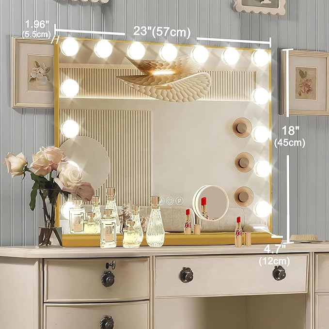 Ratsamee Gold Hollywood Vanity Mirror with Lights, 15 Dimmable Bulbs, 3 Color Lights,Make Up Lighted Mirror, Aluminum Metal Frame, USB Charging Port（23" x 18"）