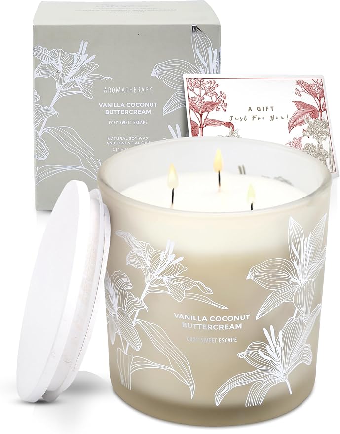 Vanilla Coconut Buttercream Candle, 14.5oz Large 3-Wick Soy Scented Candles for Home, Vanilla Cupcake Candle, Long Lasting Aromatherapy Candle, Gift for Mom Women