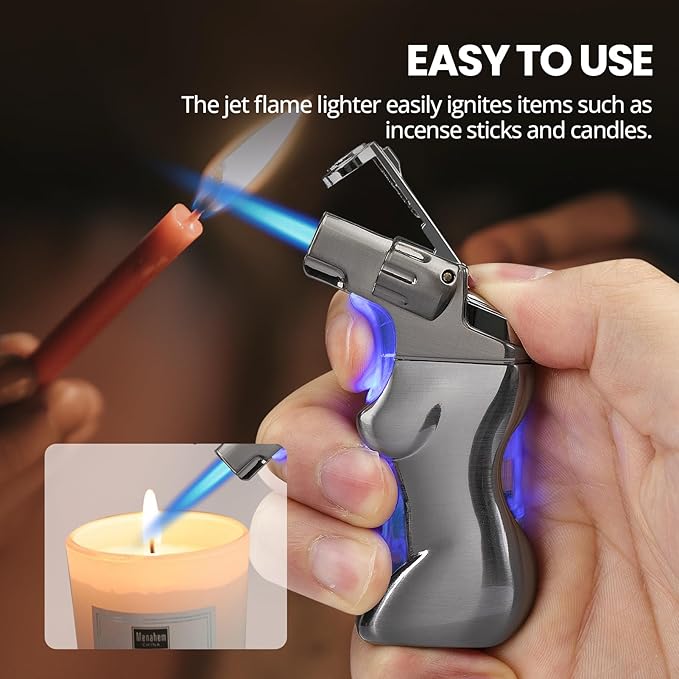 YUSUD Refillable Torch Lighter with Visible Fuel Window - Cool Blue LED Light Design - Adjustable Windproof Jet Flame - Butane Lighter for Camping & Unique Gift for Men Women (Butane Not Included)