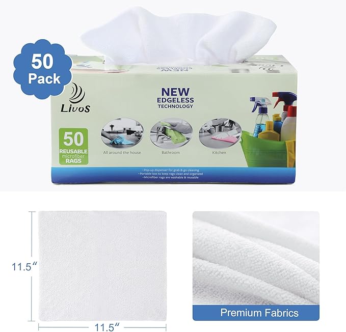 LIVOS 50 Pack Microfiber Cleaning Cloth in Box, Reusable Cleaning Rags, 11.5"x11.5", Edgeless Microfiber Wipes, Lint Free, Absorbent Shop Towels for Kitchen, Car, Glass (White)