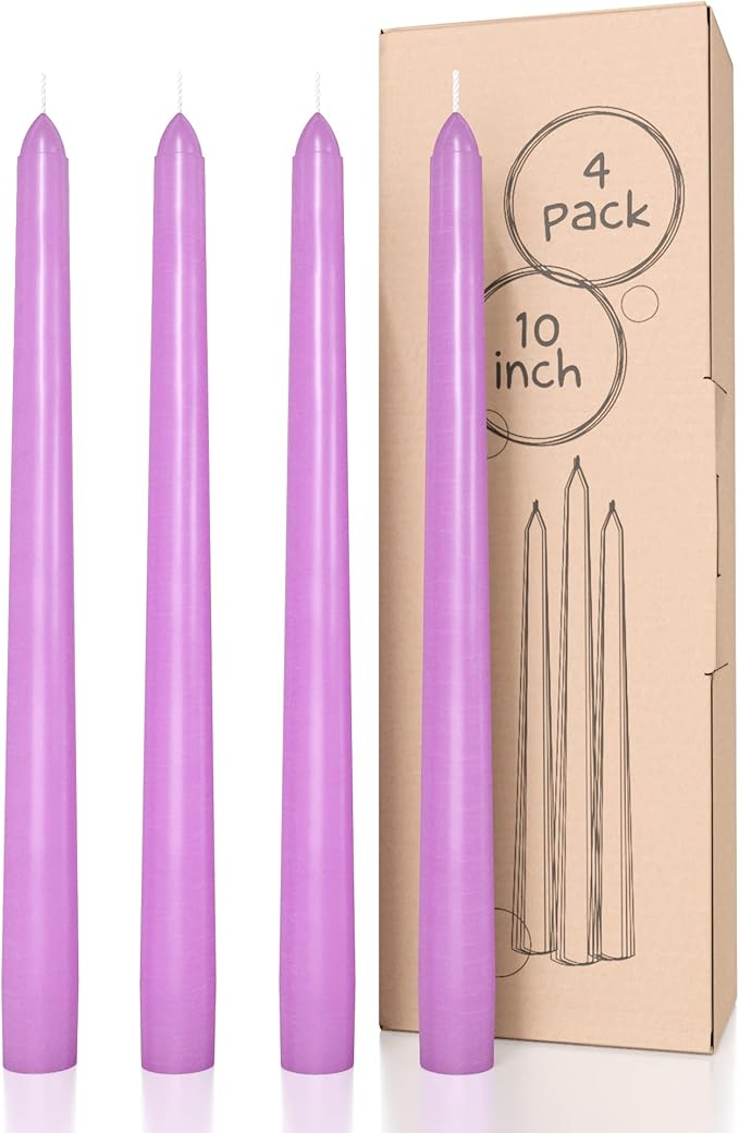CANDWAX Lilac 10 inch Taper Candles Pack of 4 - Unscented Smokeless Dripless Candlesticks - Perfect as Easter Candles and for Special Occasions, Ordinary Dinners, Holidays - Lavender Candle Sticks