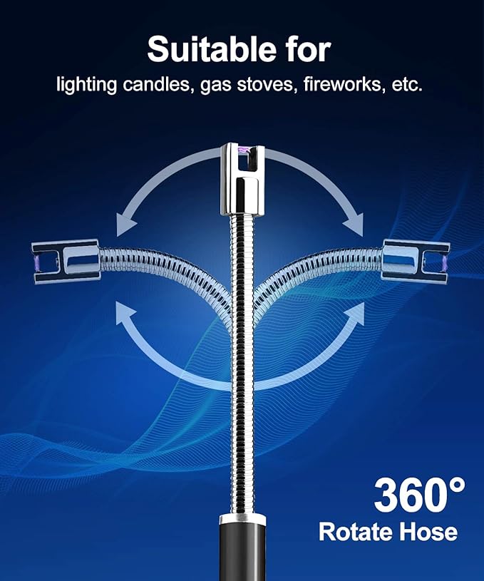 Candle Lighter, USB Charging Flame Candle Electronic Arc Lighter with LED Battery Display Safety Switch, Longer Flexible Neck for Camping BBQ Gas Stoves and Fireworks (Black)