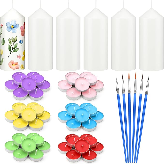 MTLEE 72 Pcs DIY Candle Painting Kit Include 6 Pcs 2"x 4" White Pillar Candles 60 Colored Tealight Candles and 6 Paint Brushes for Birthday Wedding Tea Party Crafts Centerpieces