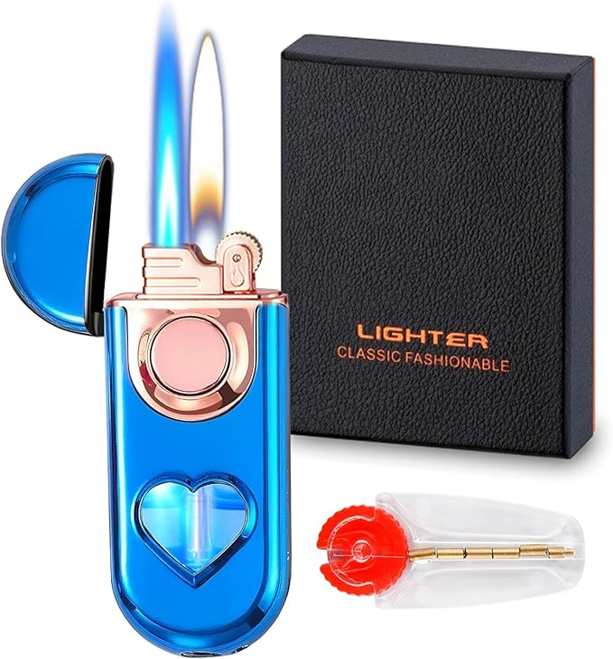Torch Dual Flame Lighter with 6pcs Flint Stone, Windproof with Visible Gas Window, Adjustable Soft and Jet Flame, Refillable Butane Lighter for Outdoor Indoor - Blue
