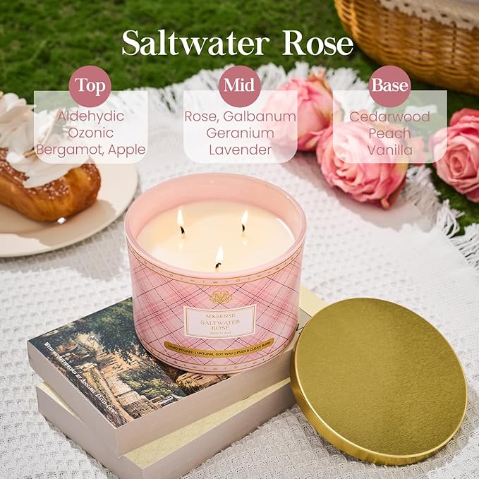 M&SENSE Plaid Pattern 3 Wick Soy Candles,11.64 oz Large Saltwater Rose Scent Candle for Relaxation, Gifting, Home Décor | for Bedroom, Office, Party