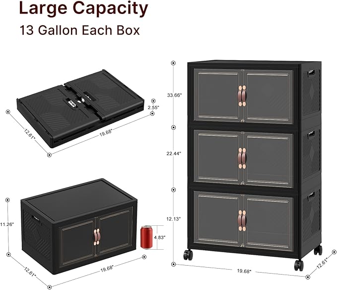 UAMFURI Stackable Storage Bins with Lids, 144QT Closet Organizers, Lockable Storage Cabinet, Foldable Storage Box with Doors and Wheels, Plastic Drawers for Home, Garage, Office (3, Black, Medium)