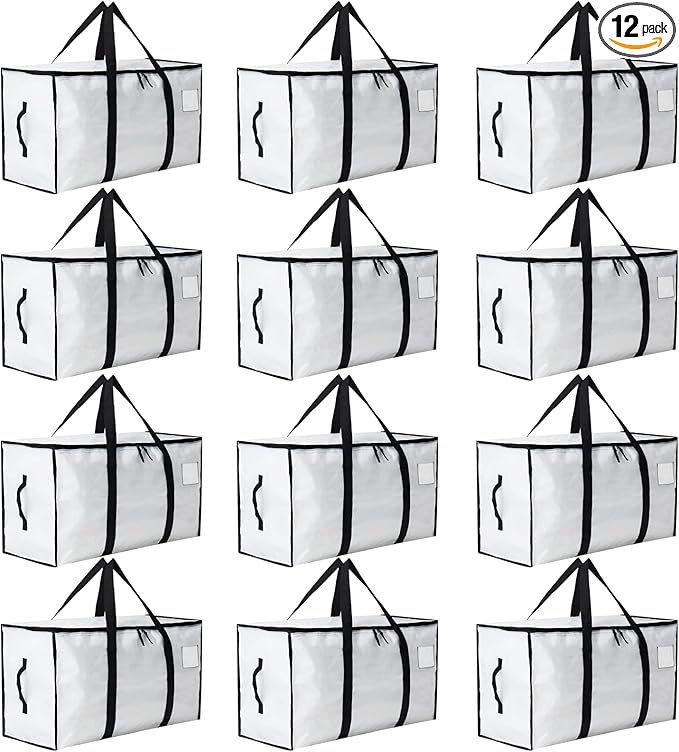 Moving Bags Heavy Duty Extra Large, Moving Boxes, Moving Supplies Essentials, Blue Storage Bins with Lids, Plastic Packing Totes, Storage Bags for Clothes with Handles & Zippers(White, 12 Pack)