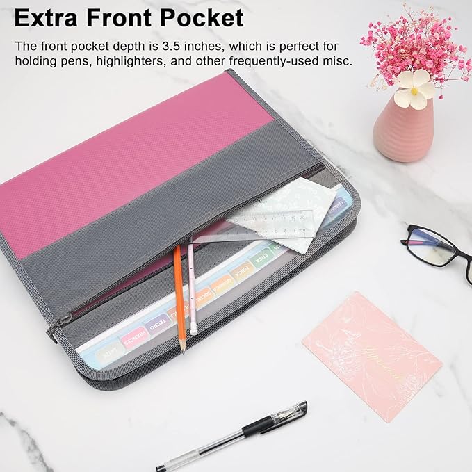NAFY Expanding File Folder, 13 Pockets Document Organizer with Zipper, A4 Letter Size Portable Accordion Expanding File Folders with 27pcs Multicolor Labels for Home Office School Supplies (Pink)