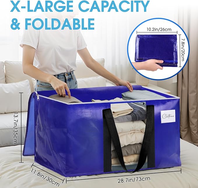 BlissTotes 10 Pack Moving Bags with Clear Window, Storage Bags with Strong Carrying Handles & Zippers,Large Packing Bags for Saving Space, Alternative to Moving Boxes(Blue,20 Gallon)