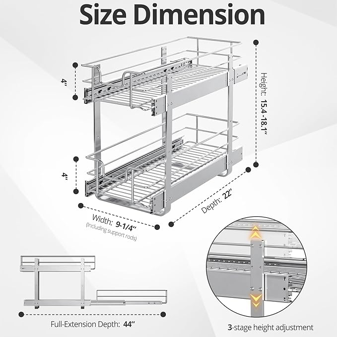 ZOINLIY Pull Out Cabinet Organizer, Versatile Slide Out Kitchen Organizers and Storage,Heavy Duty Drawer Cupboard Storage Basket, Smooth Sliding, Chrome Finish (2-Tiers-9¼''W×22“D)