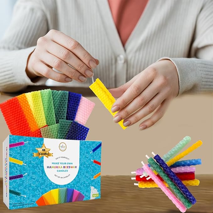 The Dreidel Company 48-Pack Make Your Own Hanukkah Beeswax Candles, Complete DIY Do It Yourself Chanuka Candles Starter Kit