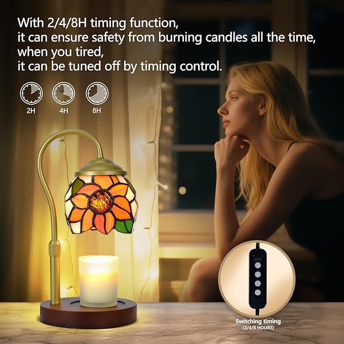 Sunflower Tiffany-Style Candle Warmer Lamp with 2 Bulbs - Handcrafted Stained Glass, Height-Adjustable Timer & 4 Dimmer Levels, No Assembly Required, Fits Jars up to 5"