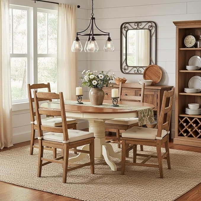 Furnifact Expandable Oval Dining Table, 18-Inch Butterfly Leaf, Classic Pedestal Base, Charming Buttermilk & Cherry Finish, Solid Asian Wood