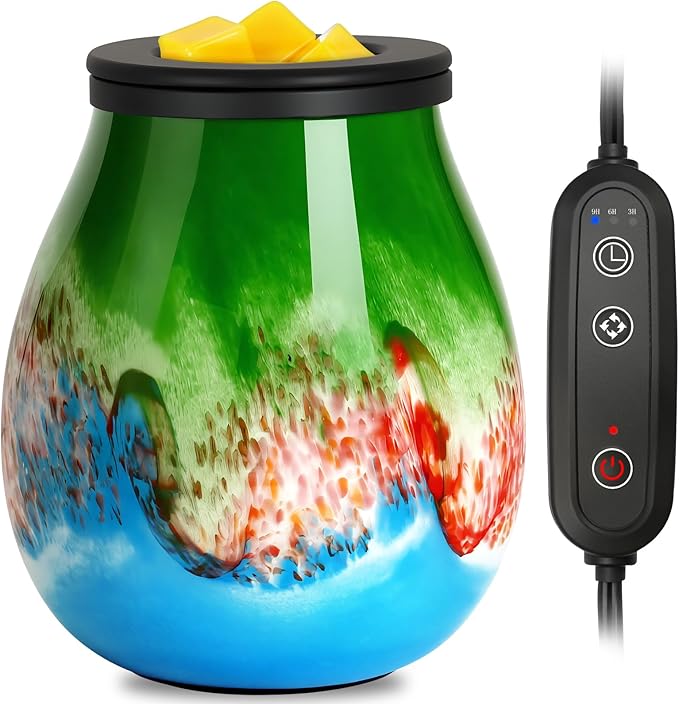 Wax Melts Warmer with Timer-Art Glass Wax Warmer for Scented Wax Electric Candle Warmer with 7 Colors LED Light, Removable Silicone Dish Wax Melter for Home Office Decor & Gifts (Storm-timer)
