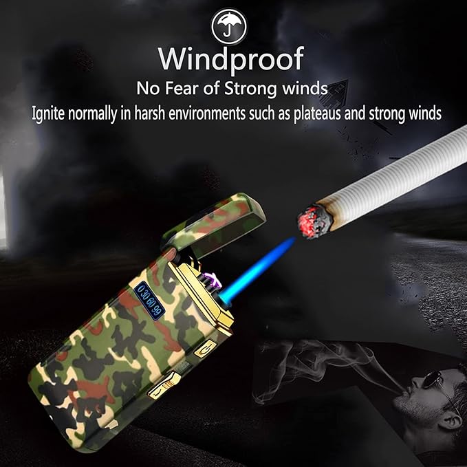 Arc Jet Flame Torch Lighter, 2 in 1 Electric USB Rechargeable Windproof Infinity Lighter, Refillable Butane for Cigar, BBQs, Fireworks, Candle, Camping (Camouflage A)