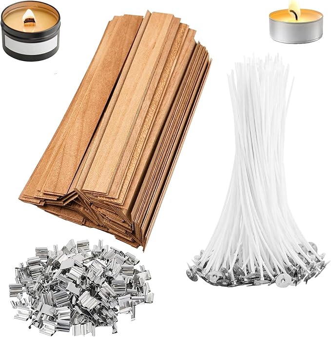 QPZ 100Pcs Cotton Candle Wicks 6" Pre-Waxed with Tabs,50Pcs Wooden Candle Wicks Smokeless,Wood Candle Making Wicks 0.59*5.9 Inch with 50Pcs Wick Clips Holders Metal Based for Candle DIY,Candle Making