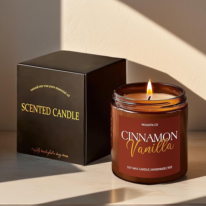 Cinnamon Vanilla Candle for Home Scented| Organic Soy Non Toxic Candles| Long Clean Burning Aromatheraphy Jar Candel for Women Men for Autumn,Winter, Halloween,Thanksgiving,Relaxing| 9oz