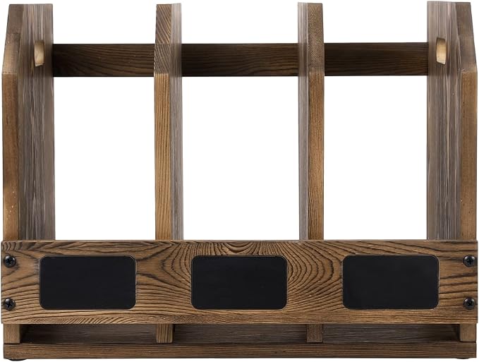 MyGift Office Desktop Document File Folder Rustic Burnt Brown Wood Binder Storage Organizer Rack with 3 Compartments and Chalkboard Labels