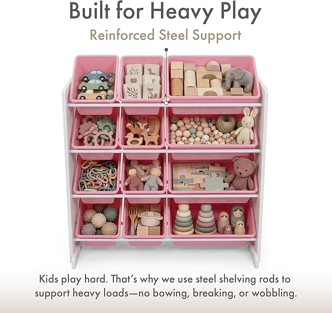 Humble Crew Kids Toy Storage Organizer with 12 Plastic Bins, White/Pink – Removable Bins for Playroom, Bedroom, Toddler Furniture for Boys and Girls Ages