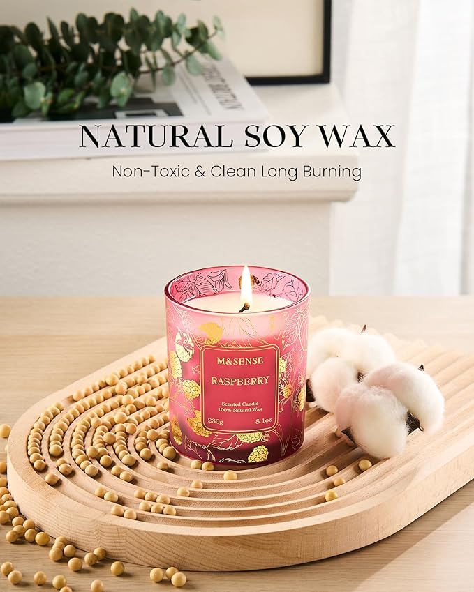 M&SENSE Raspberry Scented Vegan Soy Candles, No Toxin Refreshing Fragrance, 8.1oz 42-Hour Long Burning, Stress Relief Summer Home Candles, Housewarming Gift for Men & Women
