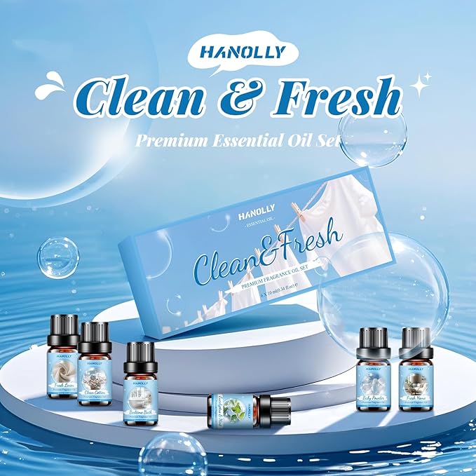 Essential Oils Set, Clean Scents Fragrance Oil Aromatherapy Essential Oils Kit for Diffuser (6x10ML) - Baby Powder, Bedtime Bath, Clean Cotton, Eucalyptus & Mint, Fresh Home, Fresh Linen Scented Oil