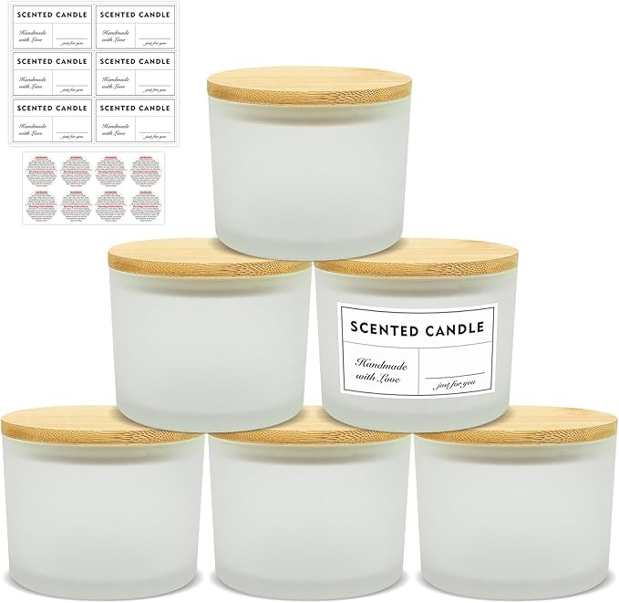 SUPMIND 16oz 3 Wick Candle Jars 6 Pack - Large Empty Frosted Glass Candle Making Jars with Bamboo Lids, with Stickers and Labels, Bulk Candle Containers for Making Candles