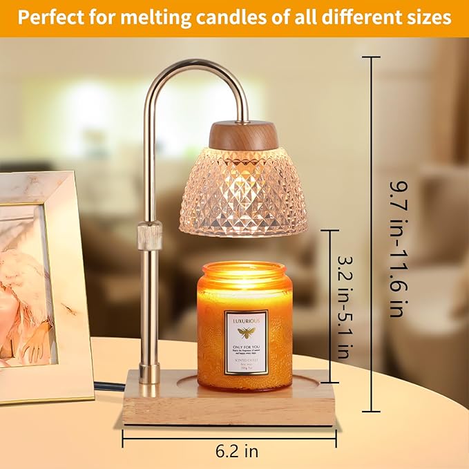 Dimmable Candle Warmer Lamp with Timer, Electric Wax Melt Warmer for Jar Scented Candles Adjustable Height, Mothers Day Birthday Gifts for Women Mom Grandma Home Offices Decor, with 2 Bulbs(Gold)