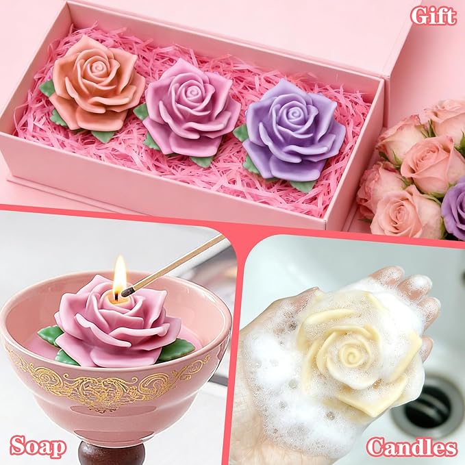 Large Rose Candle Molds, Rose Molds for Candles, 3D Flower Silicone Mold for Soap Wax Plaster Epoxy Resin Casting Clay Home Décor Handmade Gift