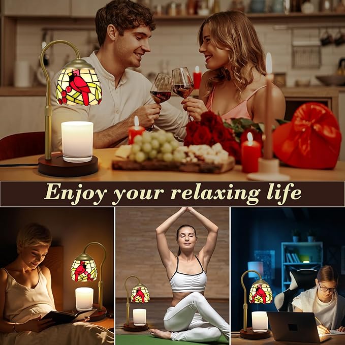 Candle Warmer Lamp with Timer Dimmer, Adjustable Height Candle Warmer for Jar Candles, Birthday Gifts for Women New Home Bedroom Decor Tiffany Red Cardinal Style Stained Glass with 2 Bulbs