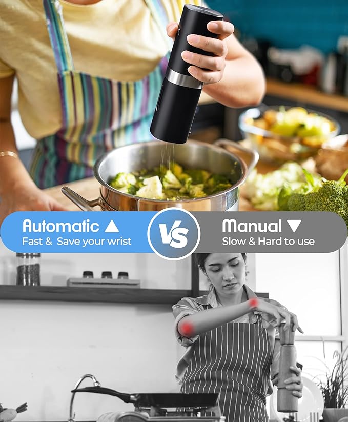 Electric Salt and Pepper Grinder Set, New Rechargeable Salt and Pepper Mill with Charging Base, Adjustable Coarseness Shakers with LED Light, One Hand Operation for Kitchen Appliances Gifts for Women