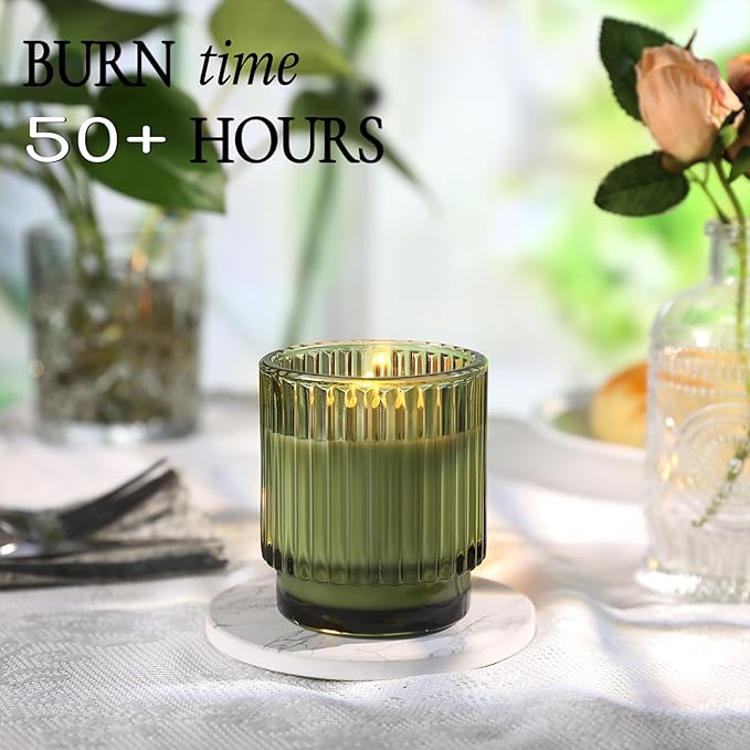 DEVI 7oz Empty Green Ribbed Glass Candle Jars - Set of 8, Glass Candle Containers with Bamboo Lids, Bulk Supplies for Gifts & Wedding Decorations