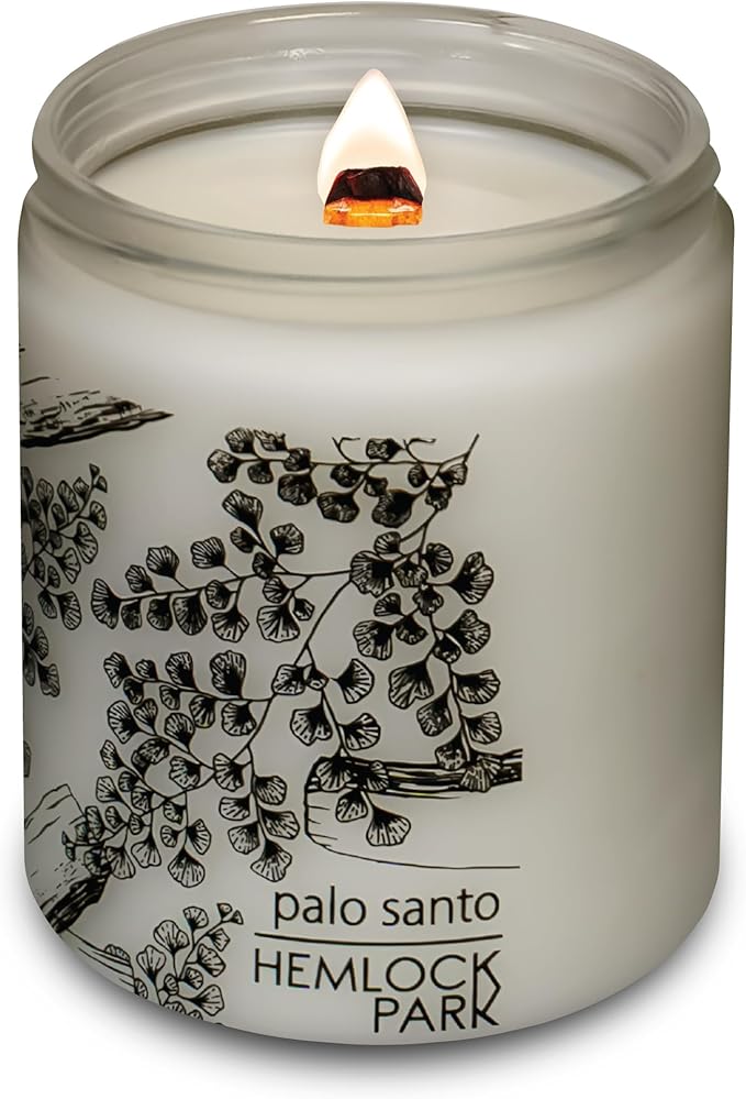 Hemlock Park Frosted Glass Wood Wick Candle Handcrafted with Natural Coconut Wax (Standard 8 oz, Palo Santo)