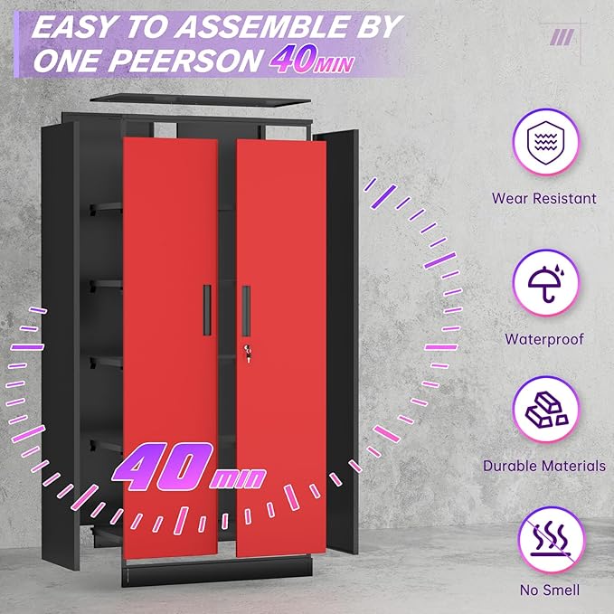 Superday Metal Storage Cabinets, 71" Storage Cabinet with Locking Door, Tall Garage Cabinet with 2 Doors and 4 Adjustable Shelves for Home Office, Classroom, Easy Assemble(Black Red)